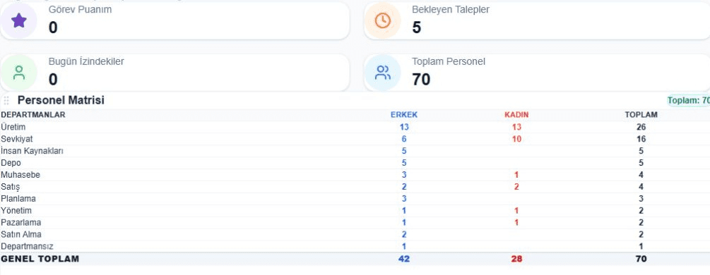 İKmatik gösterge panelinde personel matrisi ve günlük İK göstergeleri