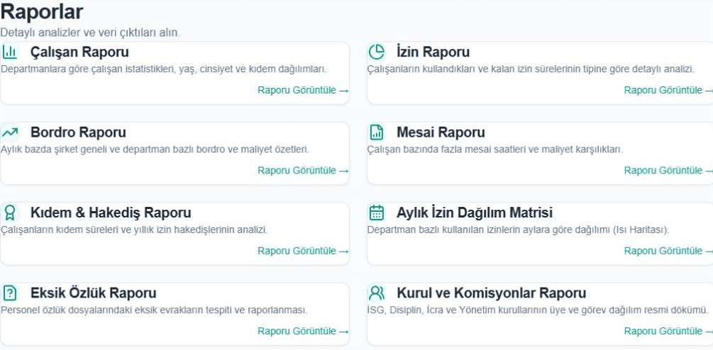 İKmatik rapor ekranında özlük, izin ve personel raporu seçenekleri